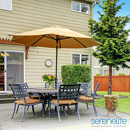 SereneLife 10ft Patio Table Umbrella, 6 Sturdy Ribs with Push Button Tilt, Easy Close Open Crank, Outdoor Furniture for Garden Lawn Deck Pool and Beach, Rust Resistant Pole, Weatherproof Fabric