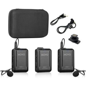 movo wmx-1-duo 2.4ghz dual wireless lavalier microphone system compatible with dslr cameras, camcorders, iphone, android smartphones, and tablets (200′ ft audio range) – great for teaching tutorials