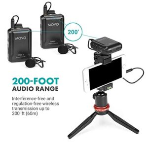 Movo WMX-1-DUO 2.4GHz Dual Wireless Lavalier Microphone System Compatible with DSLR Cameras, Camcorders, iPhone, Android Smartphones, and Tablets (200' ft Audio Range) - Great for Teaching Tutorials