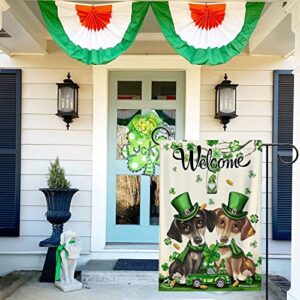 Welcome St. Patrick's Day Cute Dachshund Dog Puppy Lovers Luck Gnomes Green Garden Flag 12.5"x18" Double Sided Vertical Shamrock Clover Garden Flags For Outdoor Home Patio St. Patricks Yard Flag Decor