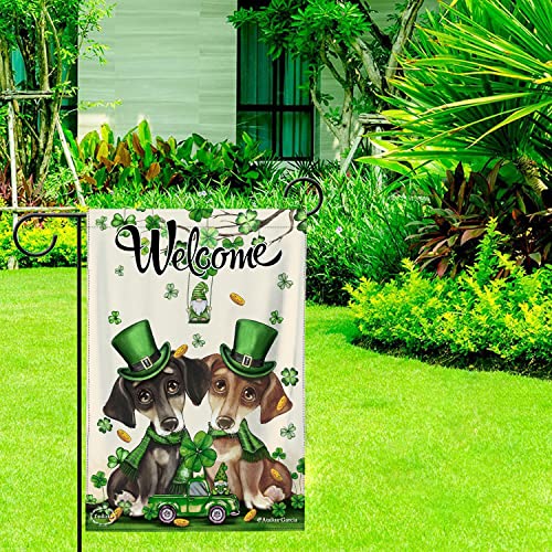 Welcome St. Patrick's Day Cute Dachshund Dog Puppy Lovers Luck Gnomes Green Garden Flag 12.5"x18" Double Sided Vertical Shamrock Clover Garden Flags For Outdoor Home Patio St. Patricks Yard Flag Decor