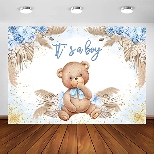 Avezano Boho Bear Baby Shower Backdrop for Boy's Party Decorations Blue Pampas Grass It's a Boy Baby Shower Photography Background Bohemian Bear Baby Shower Decorations Photoshoot (7x5ft)