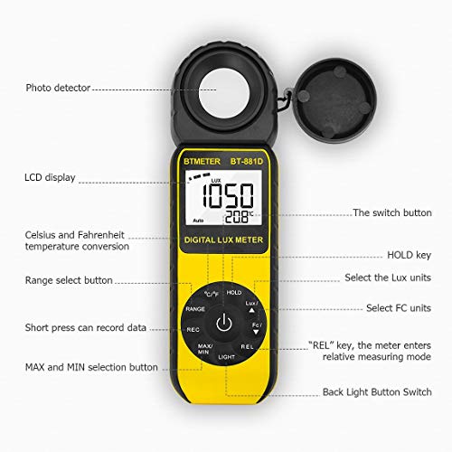 BTMETER BT-881D Digital Illuminance Light Meter, Measure Lights 0.01~400,000 Lux (0.01~40,000 FC) Foot Candles Luxmeter with 270º Rotated Sensor for Plants LED Lights Indoor Outdoor Light Tester