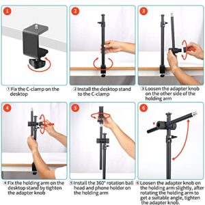 JEBUTU Overhead Camera Mount Desk Stand with 360° Adjustable Holding Arm, Flexible Phone Stand with 360° Ballhead and Phone Mount Holder, Boom Stand for Microphone, Video Light, Webcam, Cell Phone