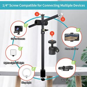 JEBUTU Overhead Camera Mount Desk Stand with 360° Adjustable Holding Arm, Flexible Phone Stand with 360° Ballhead and Phone Mount Holder, Boom Stand for Microphone, Video Light, Webcam, Cell Phone