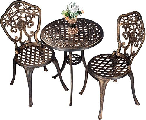 ZOTORUN Bistro Set 3 Piece Rustproof Cast Aluminum Patio Furniture Sets 2 Chairs and 1 Round Table Outdoor, Garden, Patio, Balcony, Bronze