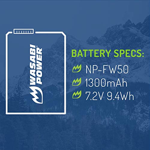 Wasabi Power NP-FW50 Camera Battery (2-Pack) for Sony ZV-E10, Alpha a5100, a6000, a6300, a6400, a6500, Alpha a7, a7 II, a7R, a7R II, a7S, a7S II, Cyber-Shot DSC-RX10 II, RX10 III, RX10 IV and More