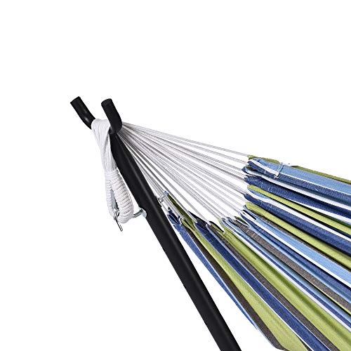 Prime Garden Cotton Rope Hammock with Space Saving Steel Hammock Stand, 2 Person Double Freestanding Hammock with Carry Bag for Outdoor Patio Yard Backyard 450 lb Capacity Oasis Stripe