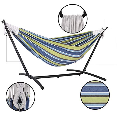 Prime Garden Cotton Rope Hammock with Space Saving Steel Hammock Stand, 2 Person Double Freestanding Hammock with Carry Bag for Outdoor Patio Yard Backyard 450 lb Capacity Oasis Stripe