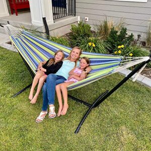 Prime Garden Cotton Rope Hammock with Space Saving Steel Hammock Stand, 2 Person Double Freestanding Hammock with Carry Bag for Outdoor Patio Yard Backyard 450 lb Capacity Oasis Stripe