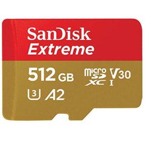 sandisk 512gb extreme microsdxc uhs-i memory card with adapter – up to 160mb/s, c10, u3, v30, 4k, a2, micro sd – sdsqxa1-512g-gn6ma