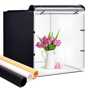 lightbox, glz 32×32 inch photo studio light box shooting tent kit with dimmable and movable led lights, carry bag and 3 color backdrops for photoshoot (white black gold)