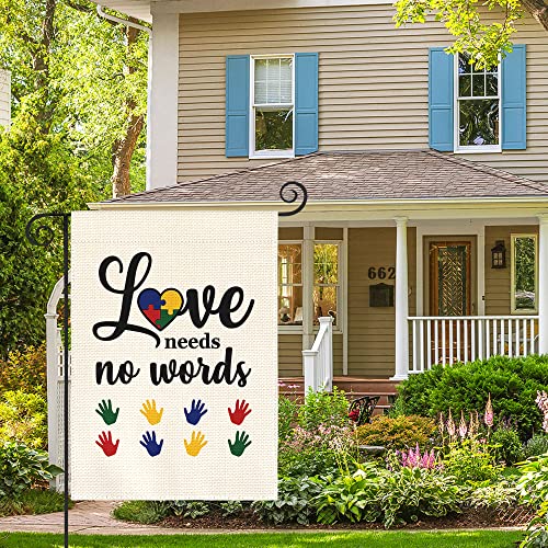 AVOIN colorlife Autism Awareness Hands Love Heart Garden Flag Double Sized Outside, Love Needs No Words Puzzle Piece Inspirational Support Yard Outdoor Decoration 12 x 18 Inch