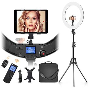 pixel 18″ ring light with stand and wireless remote, light ring with ipad holder/phone holder/selfie remote/carrying bag, 60w 3000-5800k cri≥97 circle light for youtube, tiktok, self-portrait