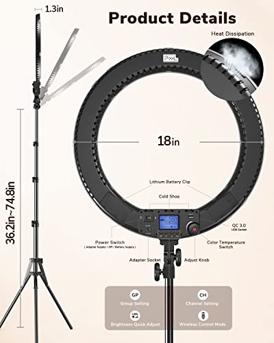 Pixel 18" Ring Light with Stand and Wireless Remote, Light Ring with iPad Holder/Phone Holder/Selfie Remote/Carrying Bag, 60W 3000-5800K CRI≥97 Circle Light for YouTube, TikTok, Self-Portrait