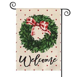 avoin colorlife valentines day mothers day garden flag 12×18 inch double sided, welcome boxwood wreath bow anniversary yard outdoor flag