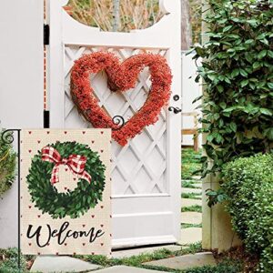 AVOIN colorlife Valentines Day Mothers Day Garden Flag 12x18 Inch Double Sided, Welcome Boxwood Wreath Bow Anniversary Yard Outdoor Flag