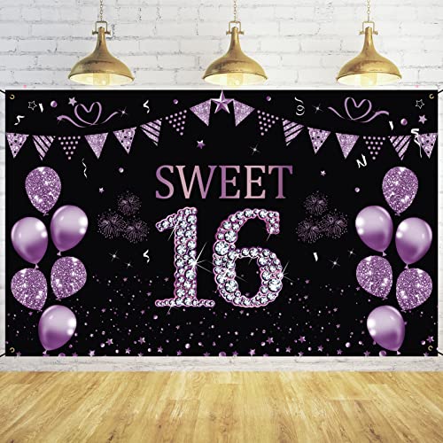 Trgowaul Sweet 16 Birthday Decorations Banner Girls, Purple Sweet 16th Backdrop Birthday Party Sign Supplies, Sweet Sixteen Year Old Poster Background Photo Booth Props Decor, Sweet 16 Decorations