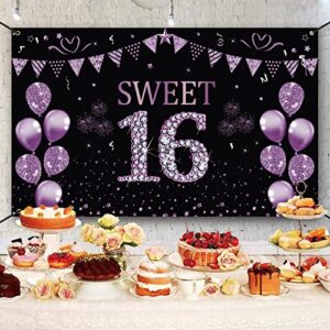Trgowaul Sweet 16 Birthday Decorations Banner Girls, Purple Sweet 16th Backdrop Birthday Party Sign Supplies, Sweet Sixteen Year Old Poster Background Photo Booth Props Decor, Sweet 16 Decorations