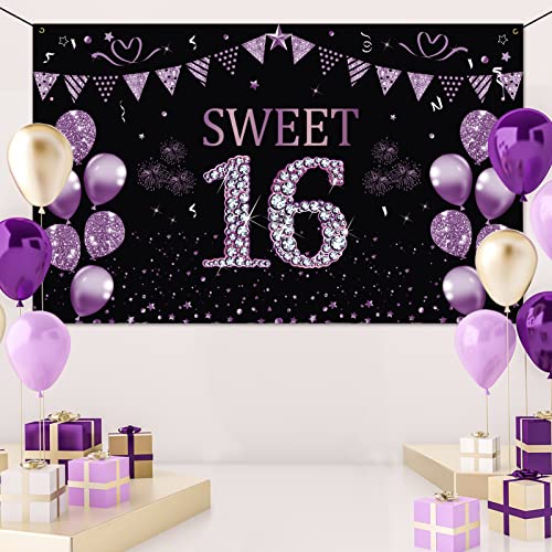 Trgowaul Sweet 16 Birthday Decorations Banner Girls, Purple Sweet 16th Backdrop Birthday Party Sign Supplies, Sweet Sixteen Year Old Poster Background Photo Booth Props Decor, Sweet 16 Decorations