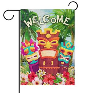 hzppyz welcome summer tiki aloha hibiscus frangipani flower garden flag, tropical hawaii luau coconut tree floral decorative house yard outdoor small decor, spring home outside decoration 12×18