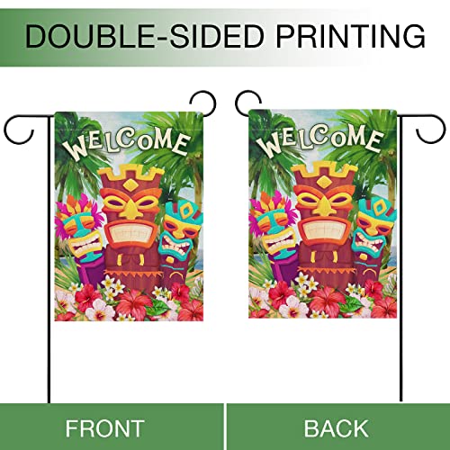 Hzppyz Welcome Summer Tiki Aloha Hibiscus Frangipani Flower Garden Flag, Tropical Hawaii Luau Coconut Tree Floral Decorative House Yard Outdoor Small Decor, Spring Home Outside Decoration 12x18