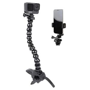 jaws flex clamp smartphone mount with adjustable gooseneck（13 sections） compatible with iphone samsung,and gopro hero 9,8,7,6,5,4,, 3+, 2, 1, dji osmo action camera mounts and most action cameras