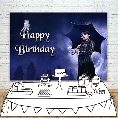 Wednesday Addams Happy Birthday Backdrop 7x5ft Wednesday Addams Birthday Backdrop Marlina for Girls Vinyl Wednesday Addams Themed Birthday Decorations Banner Customized