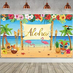 hawaiian aloha party decoration, extra large summer luau beach party banner backdrop background photography for birthday musical party baby shower tropical tiki themed decoration, 72.8 x 43.3 inch