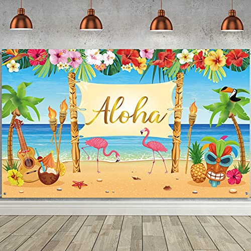 Hawaiian Aloha Party Decoration, Extra Large Summer Luau Beach Party Banner Backdrop Background Photography for Birthday Musical Party Baby Shower Tropical Tiki Themed Decoration, 72.8 x 43.3 Inch