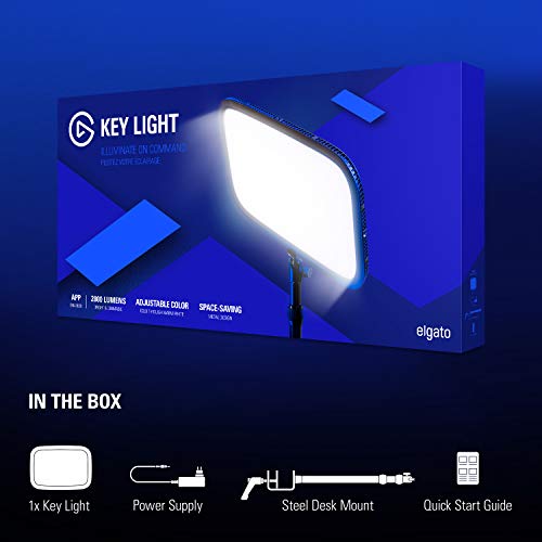 Elgato Key Light - Professional 2800 lumens Studio Light with desk clamp for Streaming, Recording and Video Conferencing, Temperature and Brightness app-adjustable on Mac, PC, iOS, Android