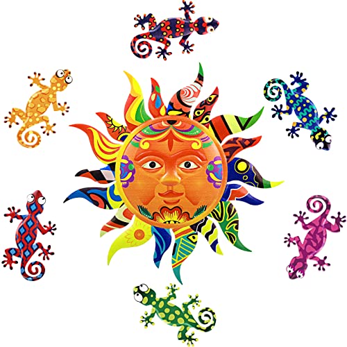 Hotop Sun Metal Gecko Wall Art Decor Set, 12.6 Inch Outdoor Sun Wall Art Talavera Colorful Sun Face Statues Hanging Decor and 6 Pieces Metal Lizard Sculpture Hang Decors for Garden Home Living Room