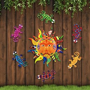 Hotop Sun Metal Gecko Wall Art Decor Set, 12.6 Inch Outdoor Sun Wall Art Talavera Colorful Sun Face Statues Hanging Decor and 6 Pieces Metal Lizard Sculpture Hang Decors for Garden Home Living Room