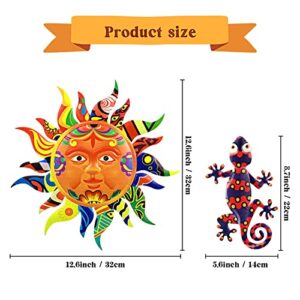 Hotop Sun Metal Gecko Wall Art Decor Set, 12.6 Inch Outdoor Sun Wall Art Talavera Colorful Sun Face Statues Hanging Decor and 6 Pieces Metal Lizard Sculpture Hang Decors for Garden Home Living Room