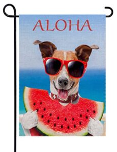 uanvaha jack russell dog garden flags for outside 12.5x18 double sided aloha cute puppy on hammock beach eating watermelon outdoor banner flag burlap yard home decorations