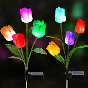 solar lights outdoor decorative, emtseb 2 pack solar garden lights with 8 tulip flowers, muti-color changing led waterproof landscape lights for garden decoration (pink & white tulip)