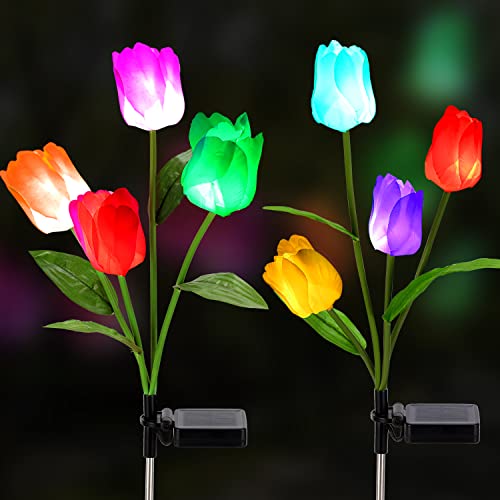 Solar Lights Outdoor Decorative, EMTSEB 2 Pack Solar Garden Lights with 8 Tulip Flowers, Muti-Color Changing LED Waterproof Landscape Lights for Garden Decoration (Pink & White Tulip)