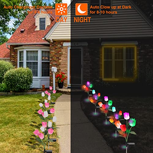 Solar Lights Outdoor Decorative, EMTSEB 2 Pack Solar Garden Lights with 8 Tulip Flowers, Muti-Color Changing LED Waterproof Landscape Lights for Garden Decoration (Pink & White Tulip)