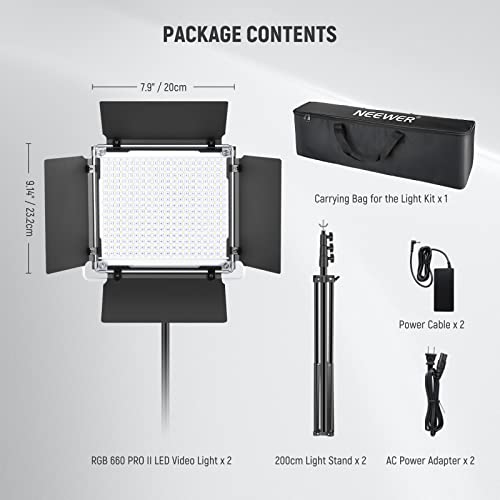 NEEWER Upgraded 660 PRO II RGB LED Video Light with App Control&Stand Kit, 2 Pack Constant 50W No Color Shift/1% Precise Min Dimming/360° RGB/CRI97+/3200K~5600K for Game Streaming YouTube Photography