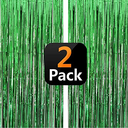 Green Tinsel Foil Fringe Curtain Party Backdrop Decorations for Christmas Graduation Birthday Wedding Engagement Bridal Baby Shower Bachelorette Holiday Celebration, Green Photo Booth Props - 2 Packs