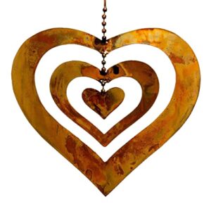 happy gardens hanging heart ornament spinner with a flamed finish | outdoor heart decorations for valentine’s day, mother’s day | garden and backyard gifts
