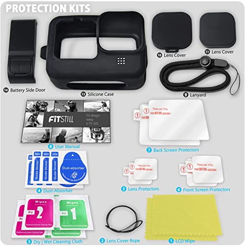 FitStill Silicone Sleeve Case for Go Pro Hero 11 /Hero 10 /Hero 9 Black, Battery Side Cover & Screen Protectors & Lens Caps & Lanyard for Go Pro Hero 11 /10 / 9 Accessories Kit
