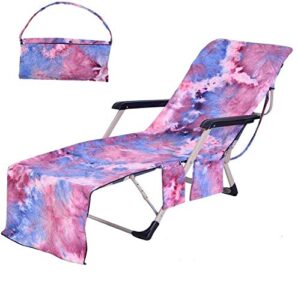beach chair cover, microfiber chaise lounge towel cover with storage pockets for pool sun lounger hotel garden purple tie-dye