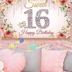 HTDZZI Sweet 16 Birthday Decorations, Rose Gold Happy 16th Birthday Backdrop Banner for Girls, Pink Floral Sweet Sixteen Party Decor, Sweet 16 Yard Sign Photo Booth Props, Fabric, 6.1ft x 3.6ft