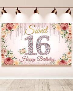 htdzzi sweet 16 birthday decorations, rose gold happy 16th birthday backdrop banner for girls, pink floral sweet sixteen party decor, sweet 16 yard sign photo booth props, fabric, 6.1ft x 3.6ft