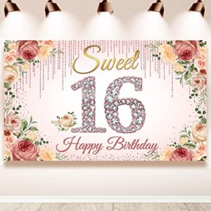 HTDZZI Sweet 16 Birthday Decorations, Rose Gold Happy 16th Birthday Backdrop Banner for Girls, Pink Floral Sweet Sixteen Party Decor, Sweet 16 Yard Sign Photo Booth Props, Fabric, 6.1ft x 3.6ft