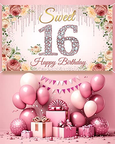 HTDZZI Sweet 16 Birthday Decorations, Rose Gold Happy 16th Birthday Backdrop Banner for Girls, Pink Floral Sweet Sixteen Party Decor, Sweet 16 Yard Sign Photo Booth Props, Fabric, 6.1ft x 3.6ft