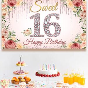 HTDZZI Sweet 16 Birthday Decorations, Rose Gold Happy 16th Birthday Backdrop Banner for Girls, Pink Floral Sweet Sixteen Party Decor, Sweet 16 Yard Sign Photo Booth Props, Fabric, 6.1ft x 3.6ft