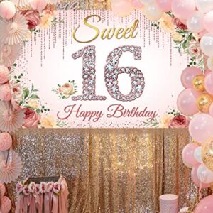 HTDZZI Sweet 16 Birthday Decorations, Rose Gold Happy 16th Birthday Backdrop Banner for Girls, Pink Floral Sweet Sixteen Party Decor, Sweet 16 Yard Sign Photo Booth Props, Fabric, 6.1ft x 3.6ft