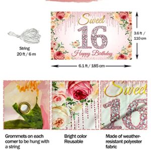 HTDZZI Sweet 16 Birthday Decorations, Rose Gold Happy 16th Birthday Backdrop Banner for Girls, Pink Floral Sweet Sixteen Party Decor, Sweet 16 Yard Sign Photo Booth Props, Fabric, 6.1ft x 3.6ft